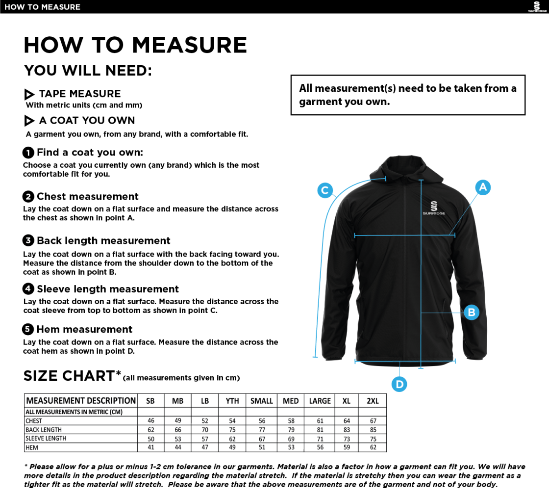 NEWCASTLE MAGPIES Dual Full Zip Training Jacket - Size Guide