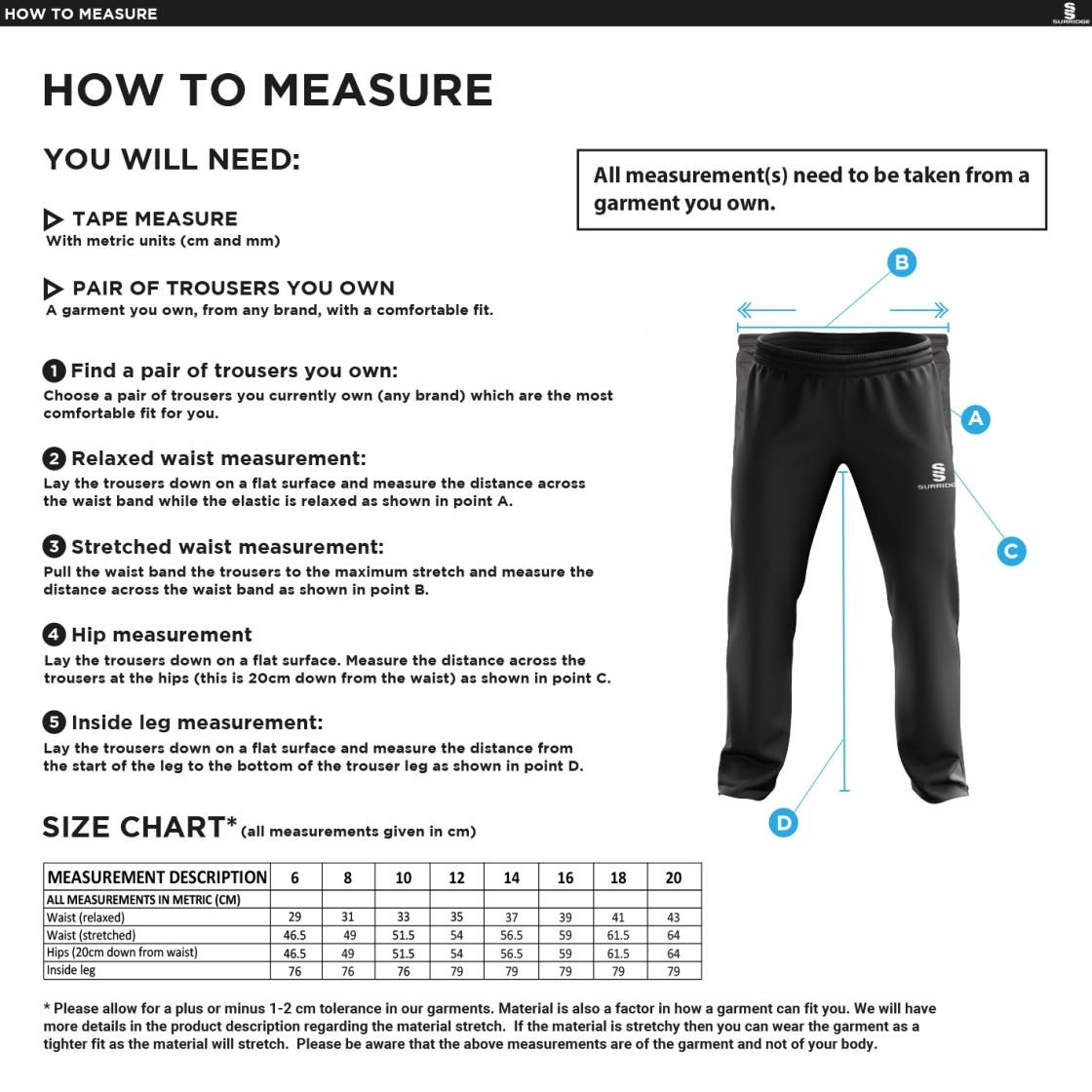 NEWCASTLE MAGPIES Women's Poplin Track Pants - Size Guide