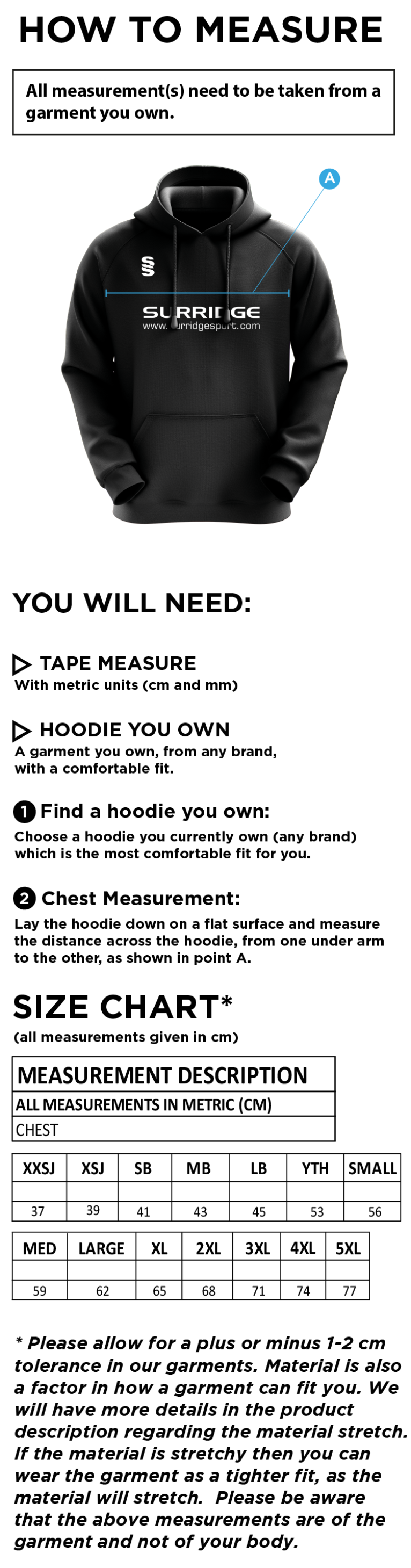 NEWCASTLE MAGPIES Fuse Hoody - Size Guide