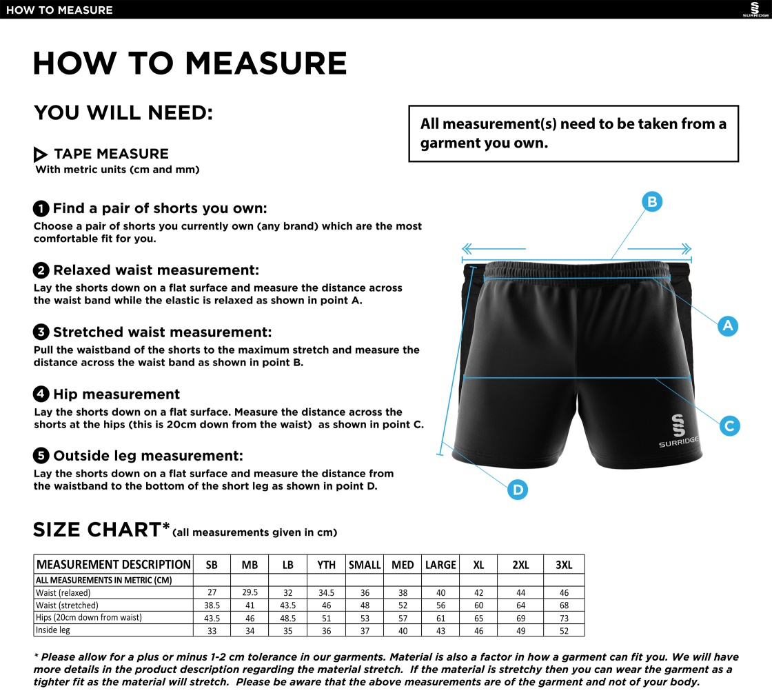 NEWCASTLE MAGPIES Performance Gym ShortS - Size Guide